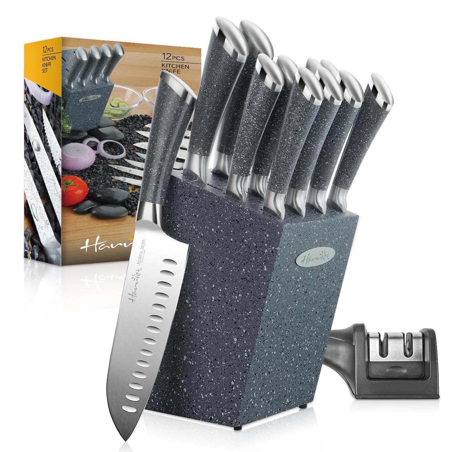 12PCS Kitchen Knives Set ,Stainless Steel Chef Knife Set with Sharpener and  Knife Block,Black