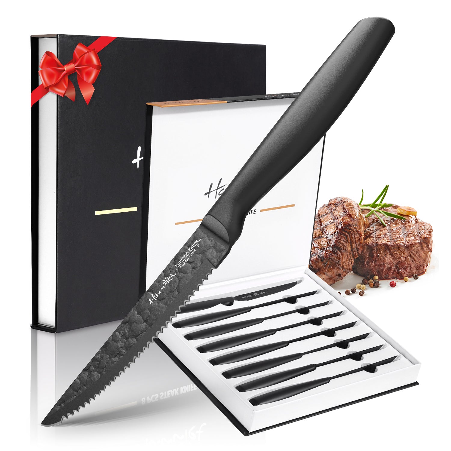 Stllab Steak Knives Set of 8, Serrated Stainless Steel Steak Knife,  Dishwasher Safe, Black