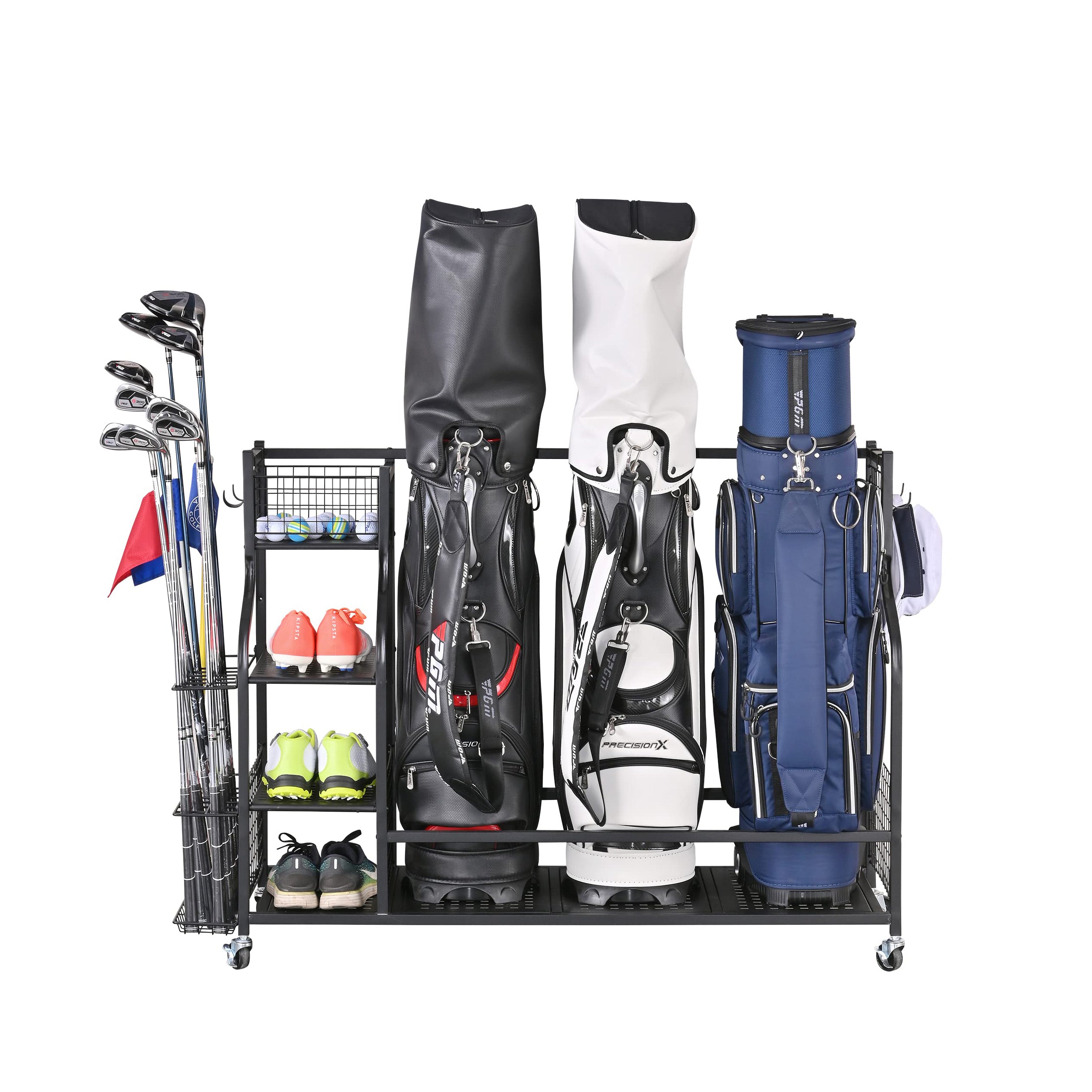 Mythinglogic 3 Golf Bag Storage Organizer with Lockable Wheels Extra