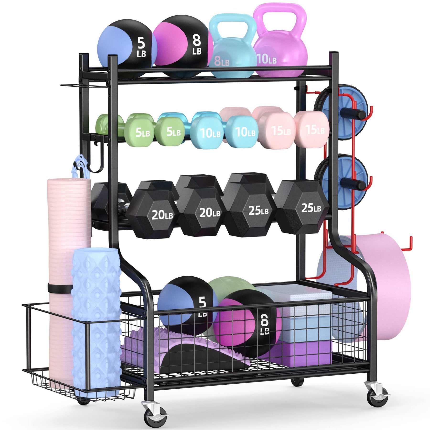  Metal Yoga Mat Holder Basket, Foam Roller Yoga Mat Storage  Rolling Cart with Wheels, Large Capacity Sturdy Yoga Mat Rack Organizer  (Color : Black) : Sports & Outdoors