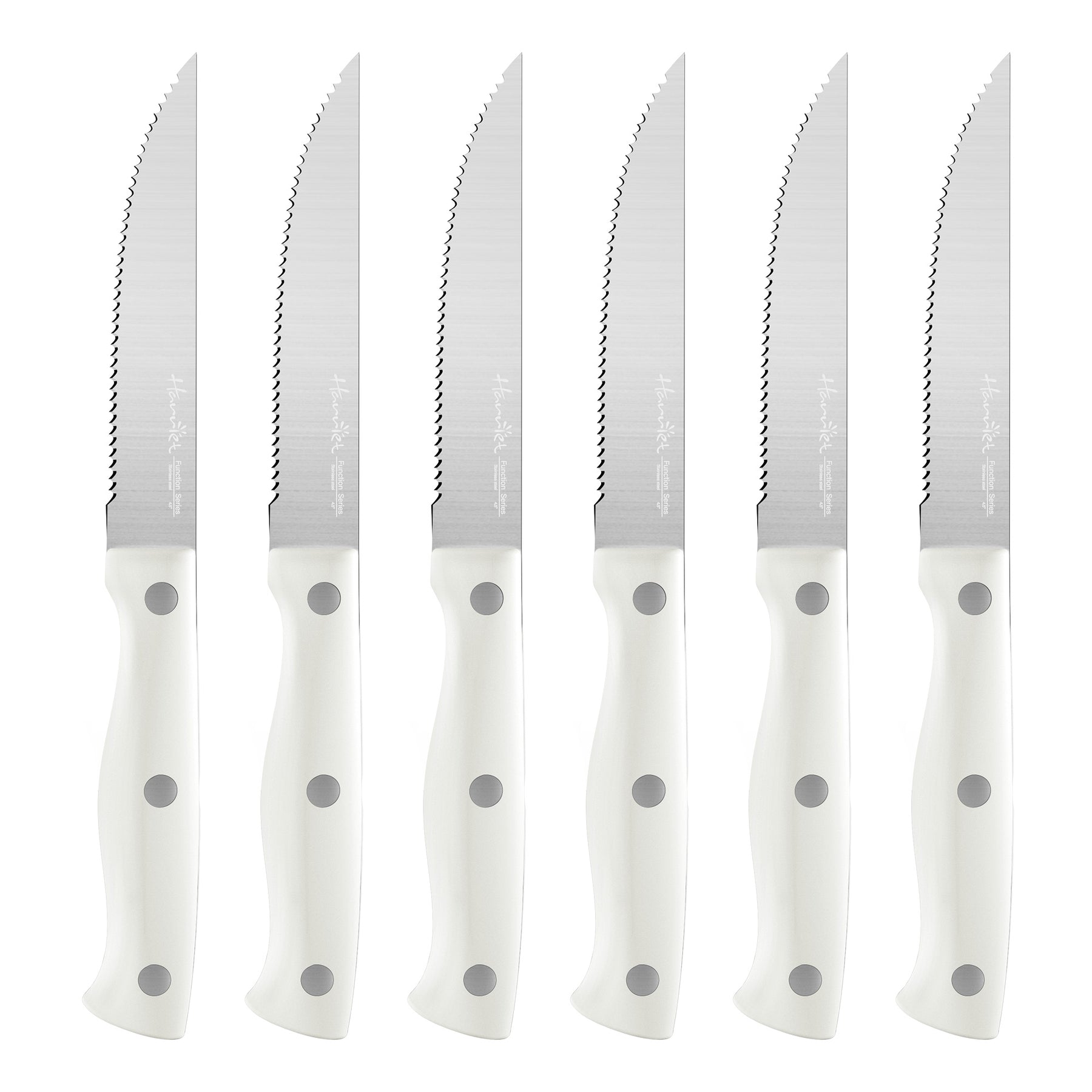 Harriet Steak Knife Set, Serrated Steak Knives Set of 6, Full Tang German Stainless Steel Steak Knives, White
