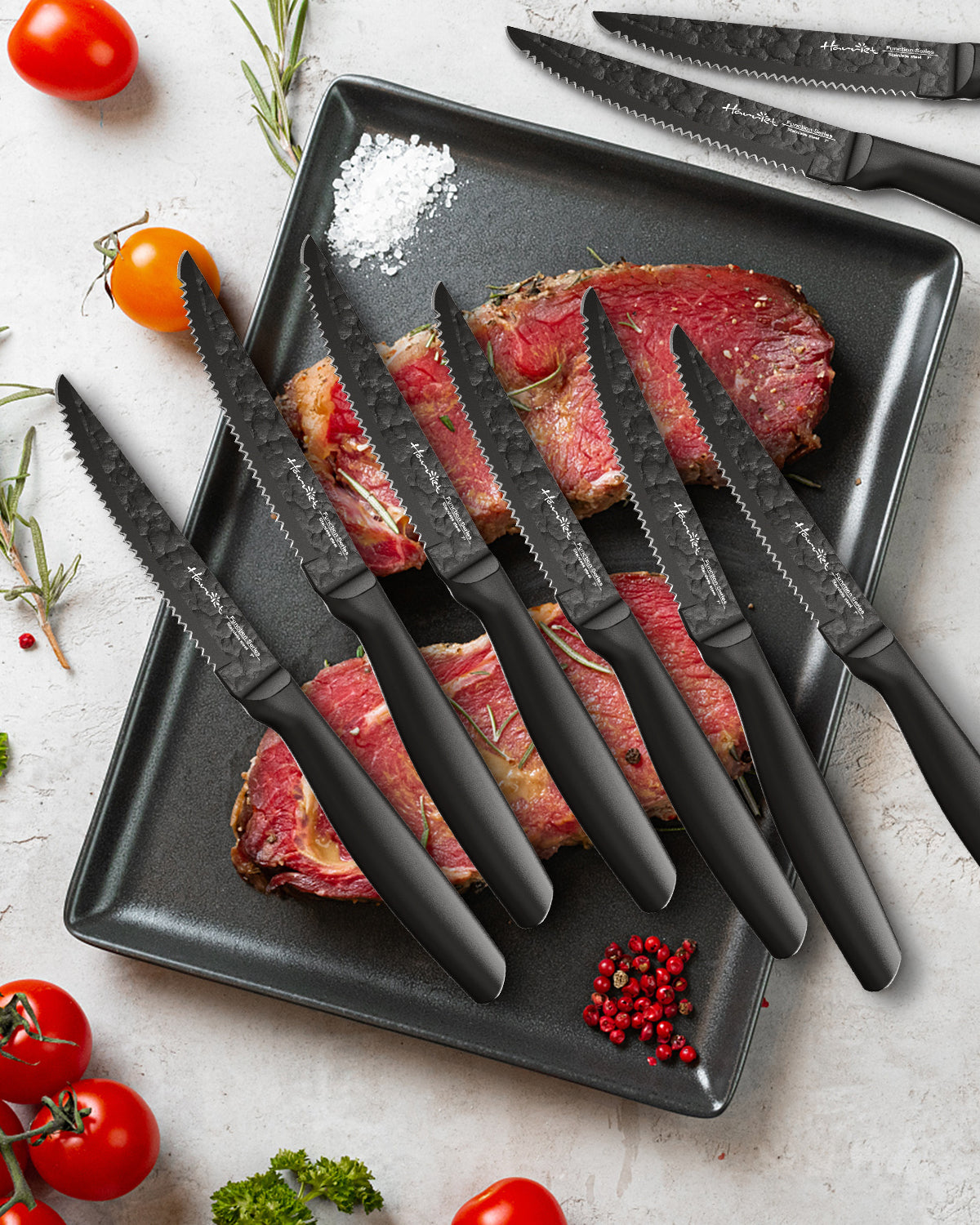 dearithe Serrated-Steak Knives Set of 12, Black Full-Tang Triple Rivet  Steak Knife Sets, 4.5 Inch, For Kitchen Restaurant Tableware Camping