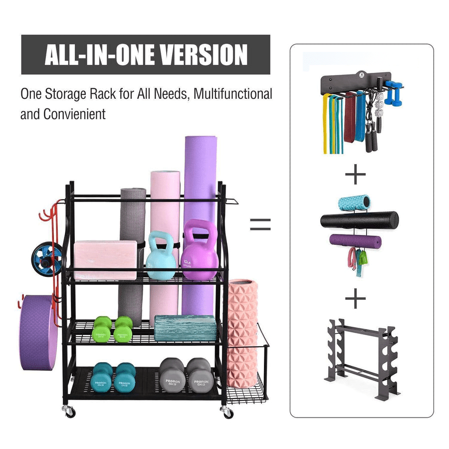 Vertical Yoga Mat Storage, Home Gym Workout Organize Rack with Wheels,  Exercise/Fitness Mats Holder Shelf, 5 Tier Double Sided Hook, Stable, Black